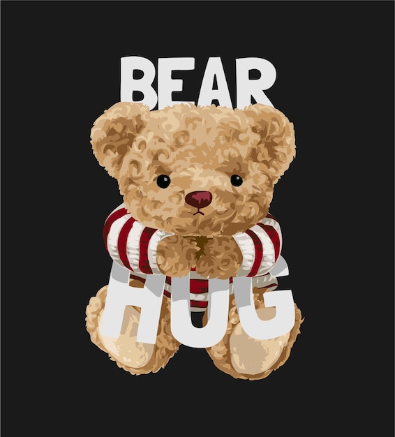 eslogan de abrazo de oso con linda muñeca de oso abrazando letras sobre fondo negro