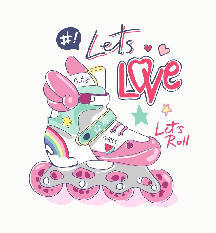 Vector eslogan de amor con coloridos patines dibujados a mano e iconos lindos ilustración vectorial
