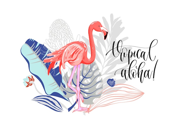 Eslogan de dibujo a mano tropical aloha con flamenco y ramo o