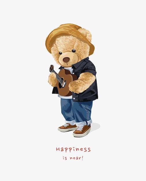 Eslogan de felicidad con muñeca de oso sosteniendo ilustración de guitarra