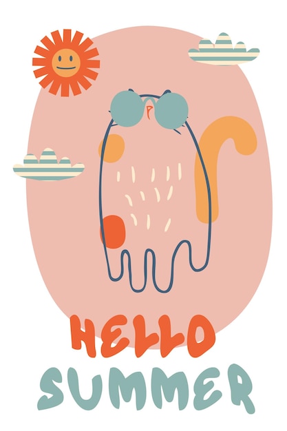 Eslogan hola verano en estilo retro con gato en gafas de sol impresión perfecta para tee poster card sticker ilustración vectorial