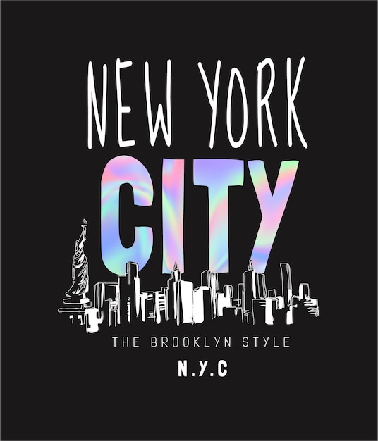 Vector eslogan de impresión de lámina holográfica de la ciudad de nueva york con ilustración de paisaje de boceto a mano en backgro negro