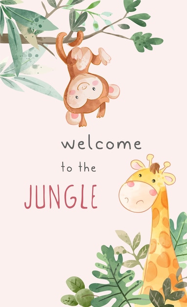 Eslogan de la jungla con mono colgando de la rama de un árbol y jirafa en el arbusto