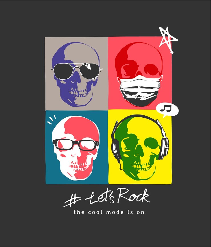 Vector eslogan tipográfico con estilo de arte pop de calavera en gafas de sol y máscara facial ilustración vectorial