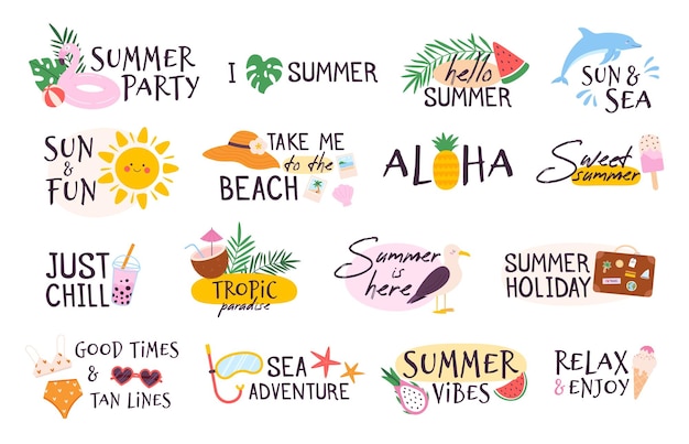 Eslogan de verano sol helado sandía y traje de baño logo Tropic playa vacaciones mar vacaciones verano fiesta y viaje pegatina vector conjunto