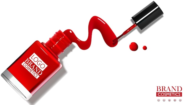 Vector esmalte de uñas rojo derramado de la botella con un cepillo. vista superior. 3d