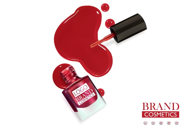 Esmalte de uñas derramado esmalte rojo con cepillo y botella sobre fondo blanco Vista superior