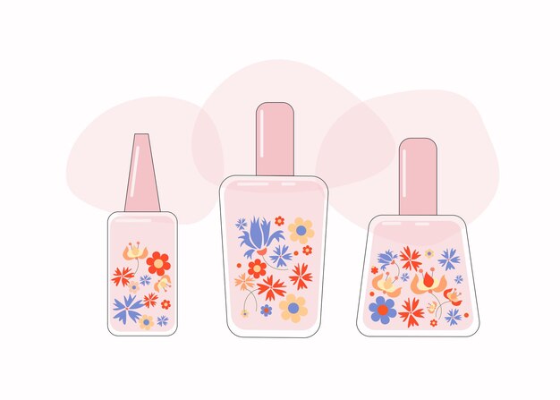 Esmalte de uñas de perfume para mujer en una botella con un aroma floral Ilustración vectorial abstracta Cosméticos de flores Fondo aislado
