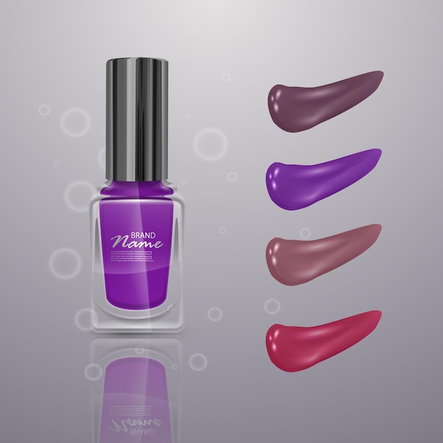 Esmalte de uñas realista, ilustración 3d, colección de trazos de esmalte de uñas de varios colores aislados