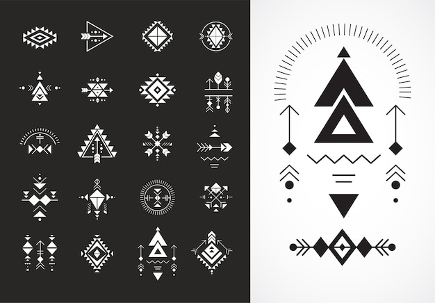 Vector esotérico, alquimia, geometría sagrada, tribal y azteca, geometría sagrada, formas místicas, símbolos