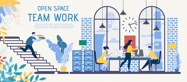 Espacio abierto Coworking para trabajo en equipo Vector Ad Banner