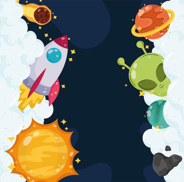 Espacio alienígena cohete planeta sol cometa nubes universo ilustración de dibujos animados
