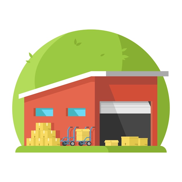 Espacio de almacenamiento en un fondo verde con carretilla de cajas de la puerta abierta.