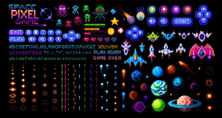 Vector espacio de arcade conjunto de activos de juego de arte de píxeles de 8 bits