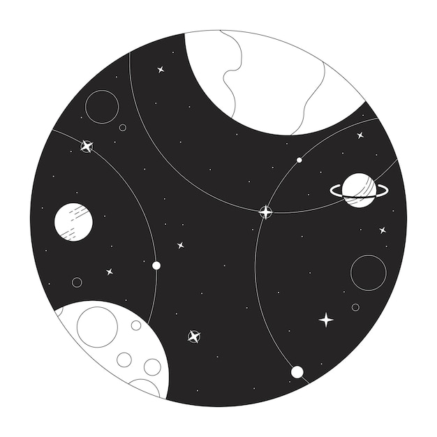 Espacio bw concepto vector spot ilustración Universo con planetas y estrellas 2D dibujos animados línea plana objeto monocromático para diseño de interfaz de usuario web Imagen de héroe de contorno aislado editable