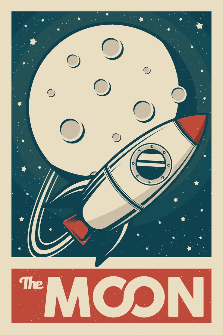 Vector espacio cohete explorando la luna cartel señalización retro rústico clásico