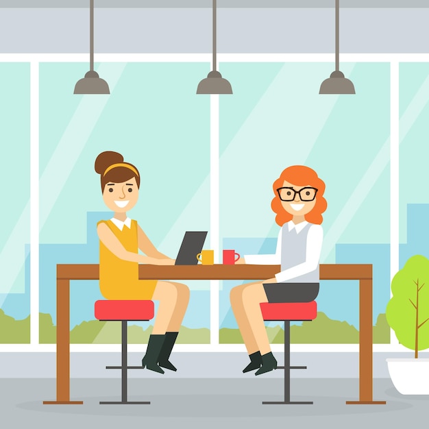 Espacio de coworking con dos mujeres de negocios sonrientes sentadas en el escritorio Equipo de negocios trabajando juntos en coworking Ilustración vectorial de oficina abierta