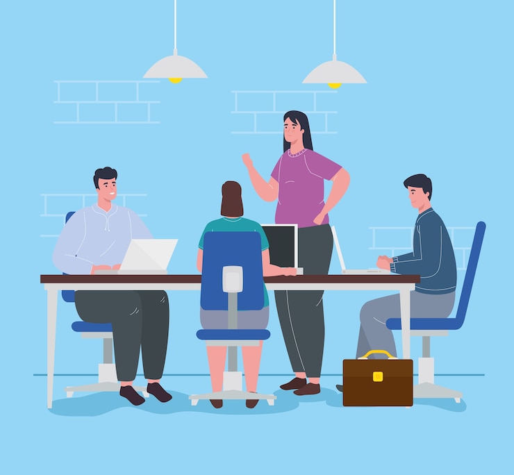 Vector espacio de coworking, jóvenes en gran escritorio, concepto de trabajo en equipo.