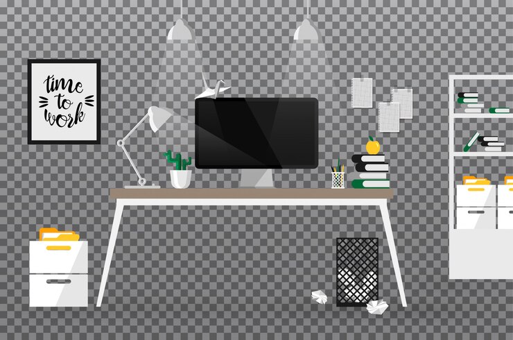 Vector espacio creativo de oficina. espacio de trabajo o plantilla. vista frontal del lugar de trabajo moderno de negocios aislado en transparente. parte del interior con pantalla en blanco negro.
