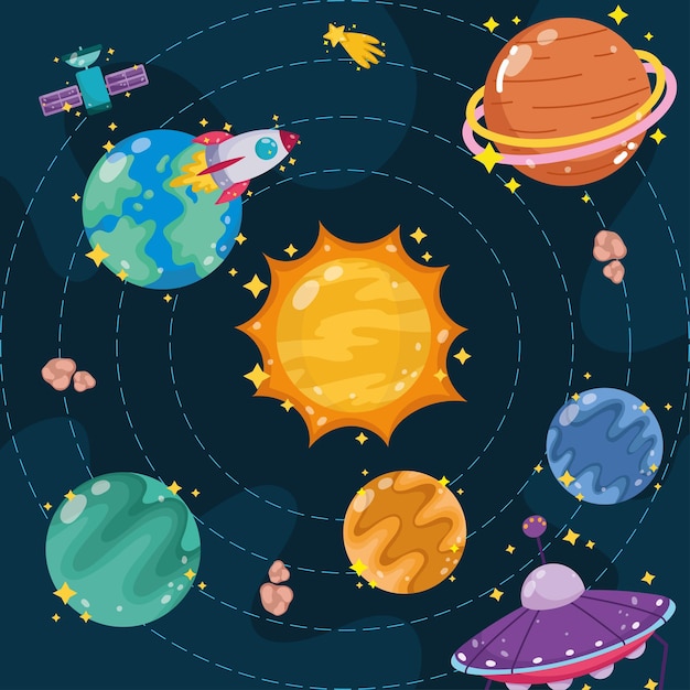 Espacio dibujos animados planetas del sistema solar sol y nave espacial  explorar ilustración | Vector Premium