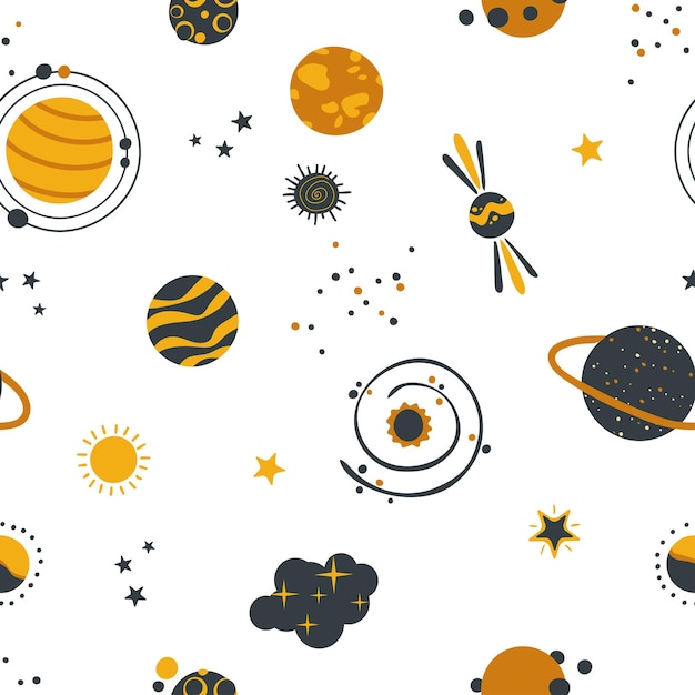 Espacio de Doodle. Patrón sin costuras, ilustración vectorial. Lindo patrón para niños.