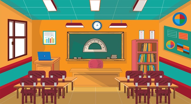 Espacio educativo vacante con un escritorio de maestros, una computadora portátil, una pizarra verde y un reloj montado en la pared.