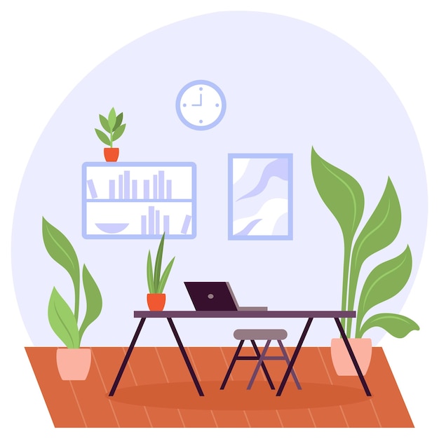 Espacio de escritorio en el concepto de hogar Estantes de librería de mesa cómoda vector Espacio de trabajo ecológico de oficina verde