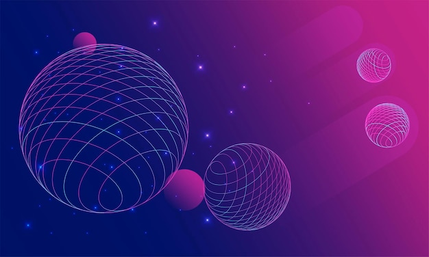 Espacio con esferas y estrellas en el fondo Paisaje de estructura alámbrica vectorial con colores neón Ilustración vectorial de la dimensión del metaverso Realidad virtual del mundo digital