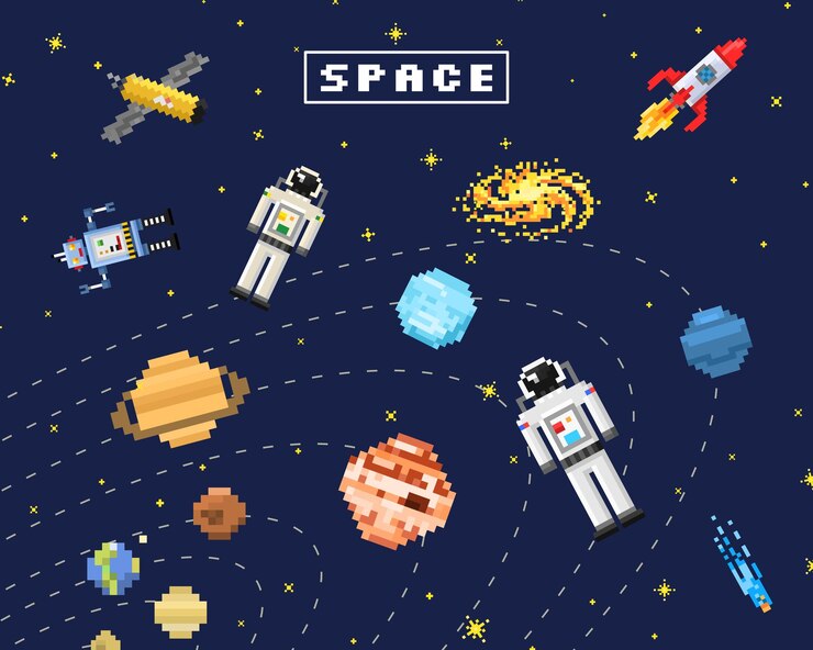 Vector espacio fondo alienígena astronauta robot cohete y satélite cubos sistema solar planetas pixel art digital vintage juego estilo mercurio venus tierra marte júpiter saturno