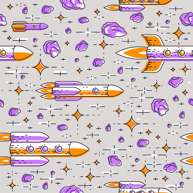 Espacio fondo sin costuras con cohetes estrellas y meteoritos galaxia no descubierta cósmica fantástica e interesante tela textil para niños patrón de azulejos sin fin ilustración vectorial motivo de dibujos animados