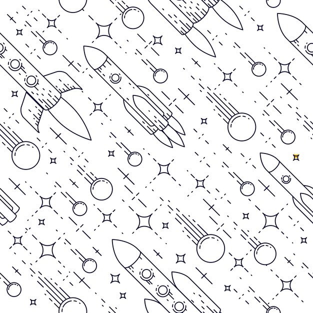 Espacio de fondo transparente con cohetes, estrellas y cometas, tela textil cósmica fantástica e interesante de galaxia no descubierta para niños, patrón de mosaico sin fin, motivo de dibujos animados de ilustración vectorial.