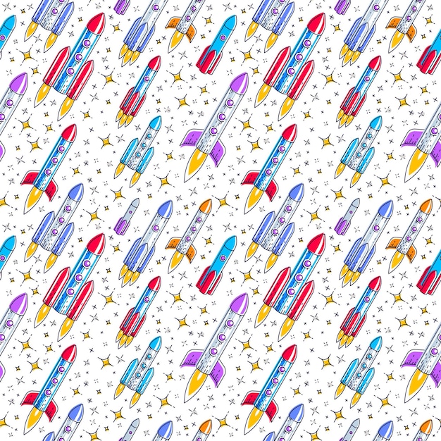Espacio de fondo transparente con cohetes y estrellas, tela textil cósmica fantástica e interesante de galaxia no descubierta para niños, patrón de mosaico sin fin, motivo de dibujos animados de ilustración vectorial.