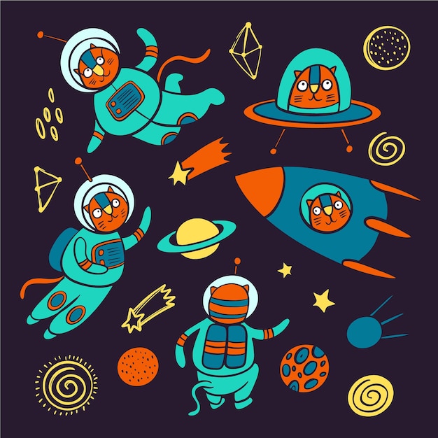 Espacio de gato lindo animal viajero cósmico en traje espacial y en cohete entre planetas estrellas y constelaciones de dibujos animados de galaxias