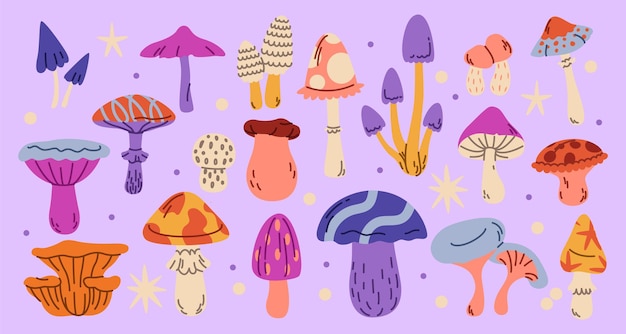 Espacio de hongos Patrón naturaleza retro elementos aislados de garabateo Imprenta vintage psicodélico Molde abstracto mosca hongo agárico dibujos animados Ácido gráfico lindo hipster místico groovy conjunto de pegatinas vectoriales