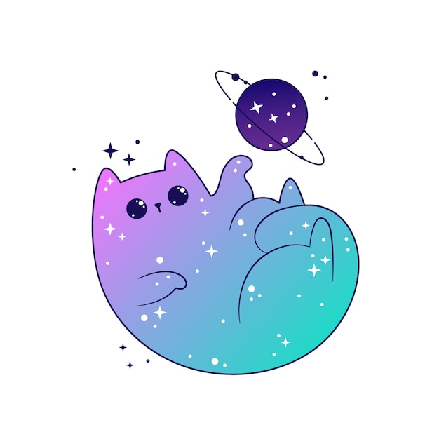 Espacio lindo gato jugar con palnet celestial con estrellas y planetas Fantasía mágica kawaii vector Mystical nursery kitty para pegatinas textiles tatuaje