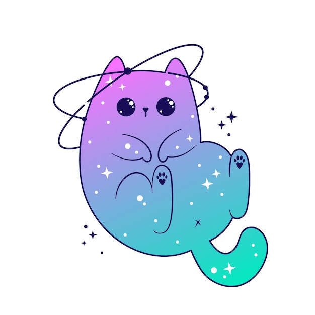 Espacio lindos gatos celestiales con estrellas y planetas Fantasía mágico kawaii vector Místico vivero gatito para pegatinas textiles tatuaje