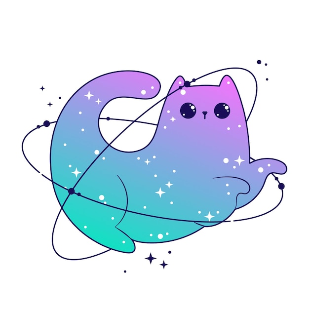 Espacio lindos gatos celestiales con estrellas y planetas Fantasía mágico kawaii vector Místico vivero gatito para pegatinas textiles tatuaje