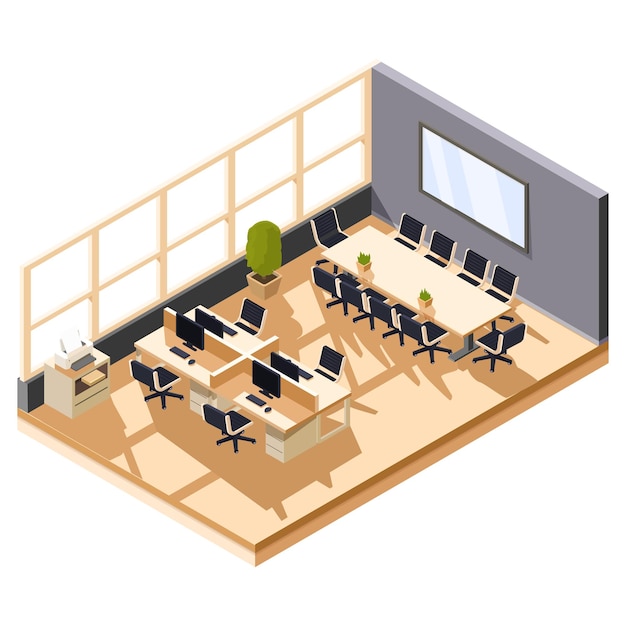 espacio de oficina isométrico con lugares de trabajo e ilustración vectorial de mesa de conferencias