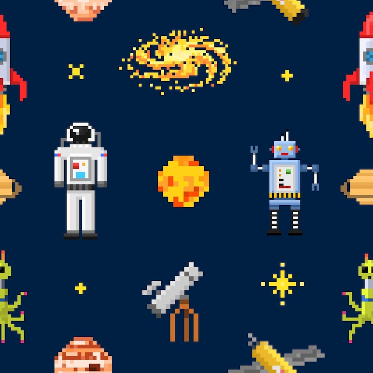 Vector espacio de patrones sin fisuras fondo alienígena astronauta robot cohete y satélite cubos sistema solar planetas pixel art digital vintage juego estilo mercurio venus tierra marte júpiter saturno
