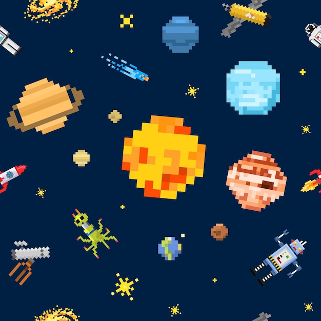 Espacio de patrones sin fisuras fondo alienígena astronauta robot cohete y satélite cubos sistema solar planetas pixel art digital vintage juego estilo Mercurio Venus Tierra Marte Júpiter Saturno