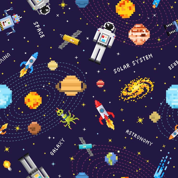 Vector espacio de patrones sin fisuras fondo alienígena astronauta robot cohete y satélite cubos sistema solar planetas pixel art digital vintage juego estilo mercurio venus tierra marte júpiter saturno
