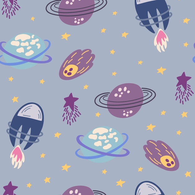 Espacio de patrones sin fisuras Fondo cósmico con planetas y estrellas de dibujos animados Perfecto para diseños infantiles papel tapiz textil e impresión Vector Mano dibujar ilustración