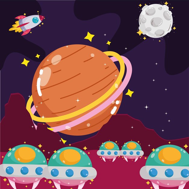 Espacio planeta luna cohete y naves ovni exploran ilustración de dibujos animados