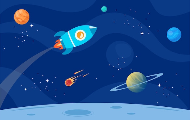 Espacio con planetas cohete y estrellas Ilustración vectorial del espacio