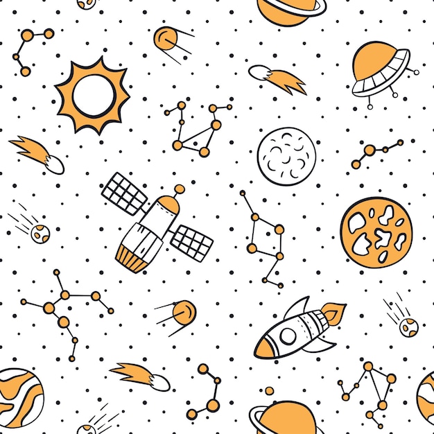 Espacio, planetas, estrellas y cohetes. patrón transparente cósmico en estilo doodle y dibujos animados.