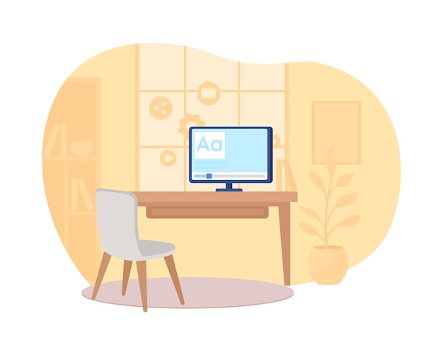 Espacio de trabajo en casa banner web 2D, cartel. Estudio a distancia. Estación de trabajo en la escena plana de la habitación naranja en dibujos animados. Tutorial en línea sobre parche imprimible de pantalla de computadora, elemento web colorido