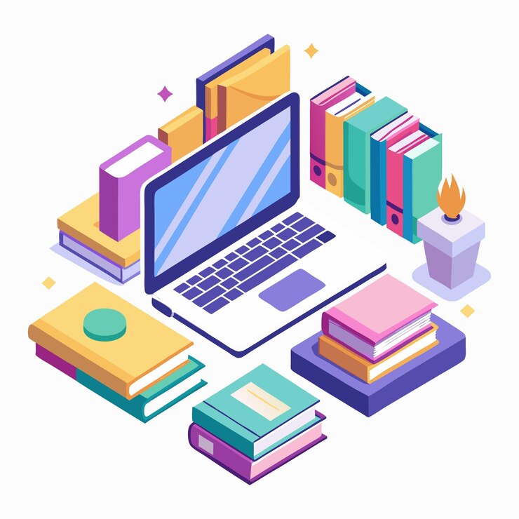 Espacio de trabajo colorido con libros portátiles y suministros de oficina