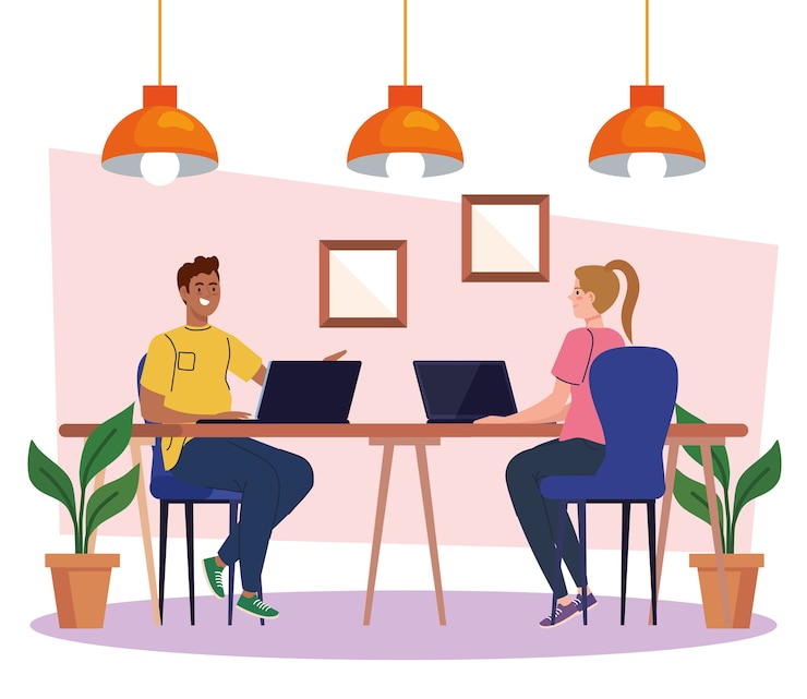 Vector espacio de trabajo compartido, pareja en el escritorio con computadoras portátiles, ilustración del concepto de trabajo en equipo