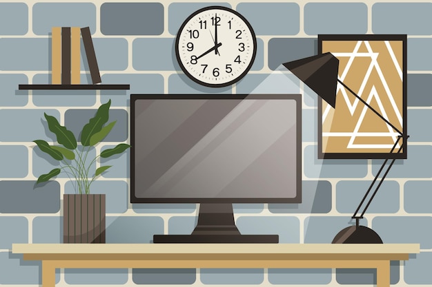 Espacio de trabajo del concepto de oficina en casa Monitor de computadora lámpara de mesa plantas de interior en los libros de mesa