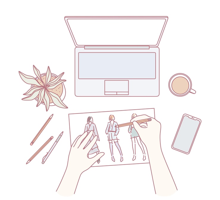 Vector un espacio de trabajo elegante que combina ilustración de moda y tecnología para impulsar la creatividad